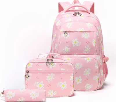 Image de （Rosa）Sac à dos scolaire 3 pièces Set imperméable Sac d'école résistant à l'usure Sac d'école résistant aux rayures avec sac à repas isolé Trousse Sac à dos pour adolescents garçons filles enfants