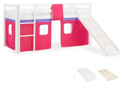 Produktbild von Homestyle4u Hochbett 90x200 mit Matratze Rutsche Vorhang Rosa Pink Kinderbett Weiß Holz Kiefer Lattenrost Gäste Spielbett