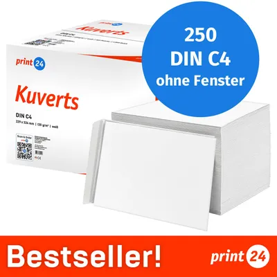 Produktbild von print24 Briefumschläge ohne Fenster, DIN C4, unbedruckt, 250 Stück