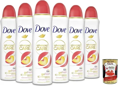 Produktbild von Dove Deo Spray Advanced Care Go Fresh Pfirsch, Mit feuchtigkeitsspendenden und empfindlichen Formel auf der Haut, ohne Alkohol, trockene Haut bis zu 72 Stunden, 6x 150ml + Italian Gourmet polpa 400g