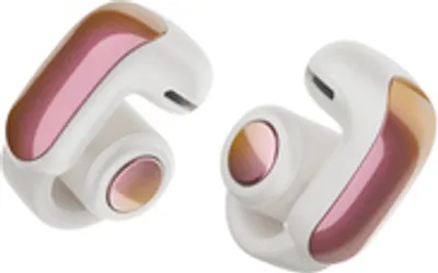A pair of white and rose gold wireless earbuds are shown against a white background.