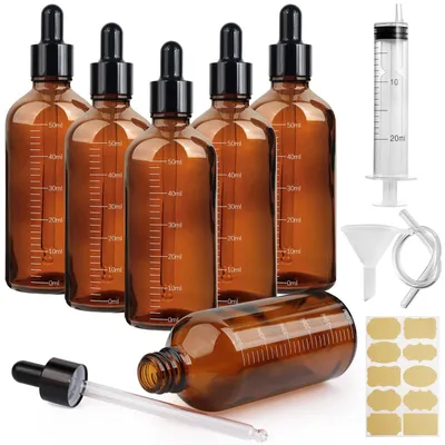 Zdjęcie produktu dla 6 szklanych butelek z pipetą, pojemność 50 ml, z podziałką, w kolorze bursztynowym