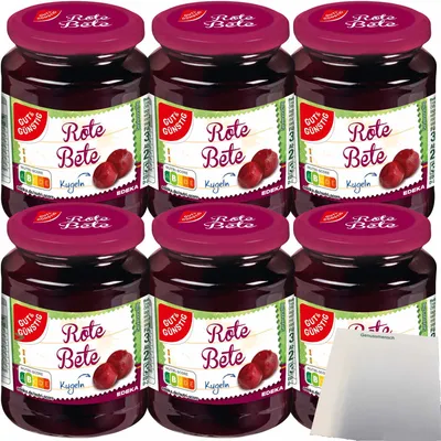 Produktbild von Gut & Günstig Rote Bete Kugeln geschält bissfest 6er Pack (6x330g Glas) + usy Block