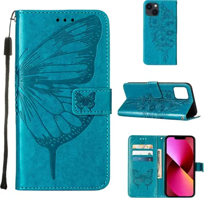 Obrázek produktu pro iPhone 13 Pouzdro, Motýlí Reliéf Flip Kožené Pouzdro s Kapsami na Karty a Stojánkem pro iPhone 13 modré
