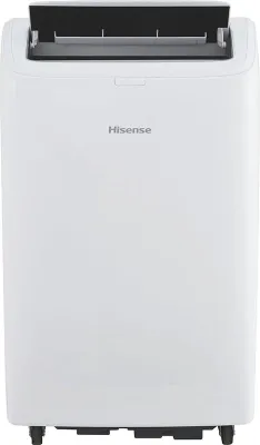 A white Hisense portable air conditioner is shown from the front.