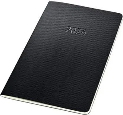 A black planner with the year 2026 embossed on the cover, shown at an angle on a white background.
