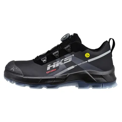 A black HKS Explorer safety shoe with a BOA lacing system, shown from the side against a white background.