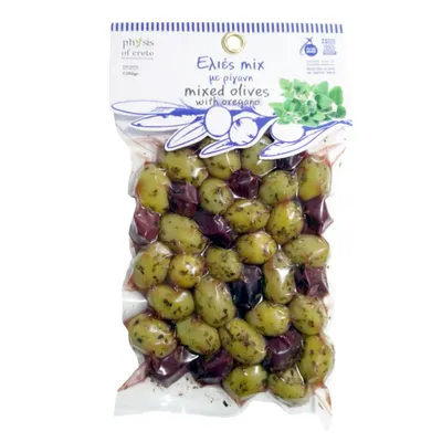 Produktbild von Oliven Physis of Crete 250 g  Grüne und Dunkle Ungeschälte Oliven mit Oregano-Mix Naturbelassen aus Griechenland