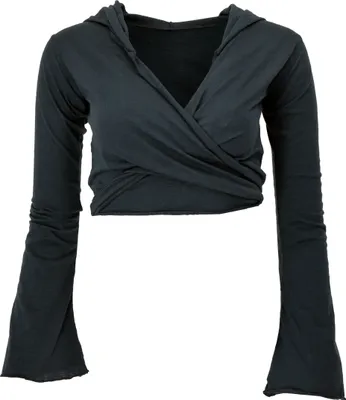 Produktbild von Wickeltop, Yogatop, Langarmshirt mit Trompetenärmeln - Schwarz, Damen, Elasthan,Baumwolle, Größe: L