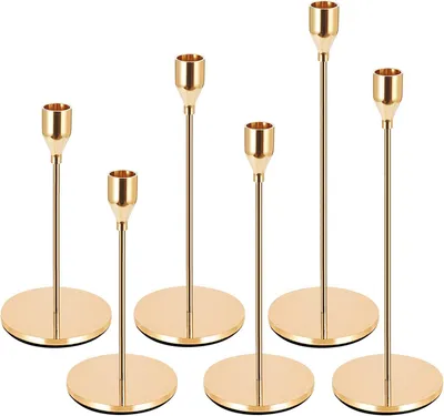 Immagine prodotto di Candele, set di 6 portacandele dorati, altezza 33/28/22 cm. Portacandele decorativi per l'arredamento della casa, matrimoni, cene a lume di candela, feste