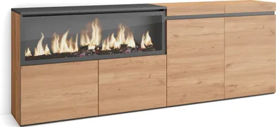 Immagine prodotto di COZY Credenza, Mobile, Cucina, 208x35x75cm, 4 Porte, Camino elettrico XXL, Rovere