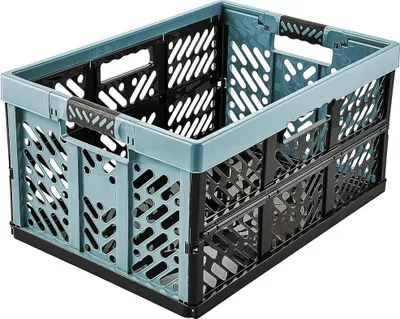 A blue and black folding storage crate.