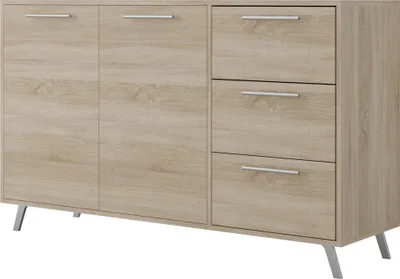 Produktbild von Albello Kommode Blame Kommode für das Schlafzimmer Kommode für das Wohnzimmer Sonoma Eiche silberne Griffe 140x41x86 cm