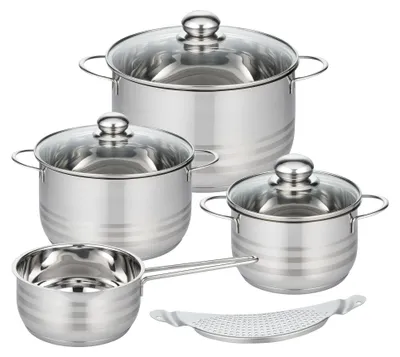 Produktbild von ELO Premium Edelstahl Topfset 9-teilig  Kochtöpfe mit Glasdeckeln, Ø 16, 20, 24 cm, für alle Herdarten geeignet