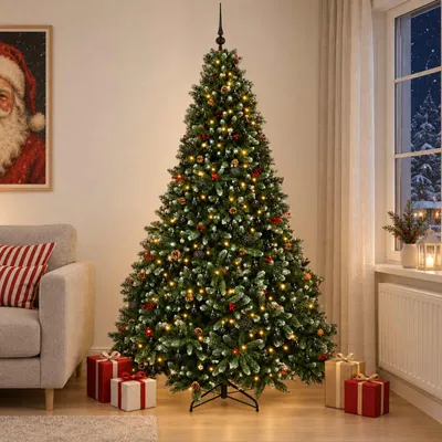 Obrázok produktu pre Umelý vianočný stromček, zelený, s ozdobnými guľami, výška 300 cm, 600 LED svetiel