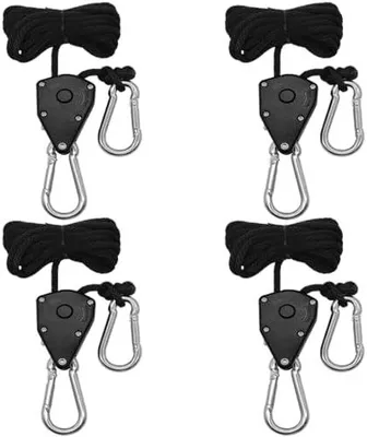 Produktbild von 4 Stück Seilratschen mit Haken 1/8 Zoll Seilaufhänger für hängende Zelte und Pflanzenlampen, 150 lb Tragfähigkeit pro Paar (Schwarz)