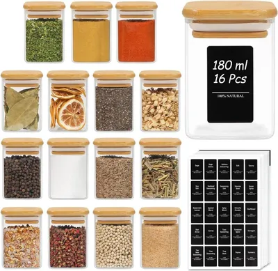 Image de lot de 16 pots à épices en verre Couvercle en bambou 170 ml + étiquettes