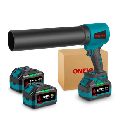 A cordless leaf blower with two batteries and a cardboard box.