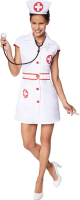 A woman in a nurse costume holding a stethoscope and a syringe.