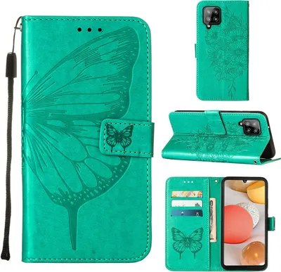 Produktbild von Galaxy A42 5G Hülle, Schmetterling Prägung Flip Leder Kartenfächer Schutzhülle Ledertasche mit Ständer für Samsung Galaxy A42 5G Grün