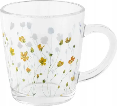 Produktbild von 350-ml-Glasbecher mit Ringelblumenverzierung, perfekt für Tee und Kaffee
