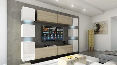 Immagine prodotto di Furnitech Parete attrezzata soggiorno - Mobili da soggiorno con LED RGB - 16 colori - Parete attrezzata moderna - Scaffali e mobile TV (Future 14_HGM_WS_16 1A - 256 cm)