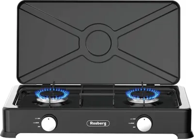 Obrázek produktu pro Dvojitá plynová varná deska s poklicí Rosberg R51454E2 2x 2,2 kWh, 30 mbar, Uhlíková ocel, Černá