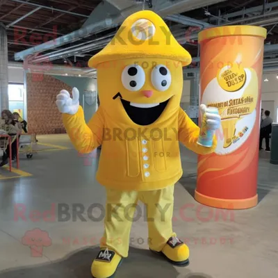 Immagine prodotto di Personaggio del costume della mascotte REDBROKOLY della lattina di soda gialla vestito con pantaloni di velluto a coste e berretti