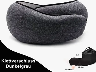 Produktbild von Reise Nackenkissen, Orthopädisches Nackenkissen Schlafen Memory Foam 3D-Augenmaske, Ohrstöpsel magischer Aufkleber Anzug Dunkelgrau