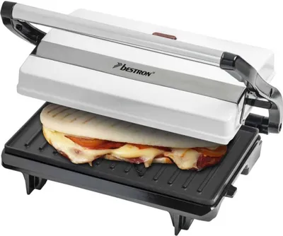 Produktbild von Bestron Kontaktgrill mit Auffangschale, Sandwichmaker mit Cool-Touch-Handgriff, Paninimaker mit Antihaftbeschichtung, 700 Watt, APM123W, Farbe: Weiß