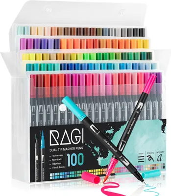 A set of 100 dual-tip marker pens in a clear plastic case, with two pens in the foreground showing their tips and ink trails.