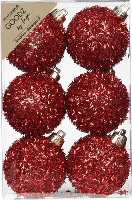 Produktbild von Weihnachtskugeln mit Lametta dekoriert Kunststoff 6cm Rot 6er Set