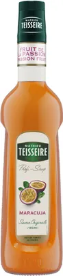A bottle of passion fruit syrup on a white background.