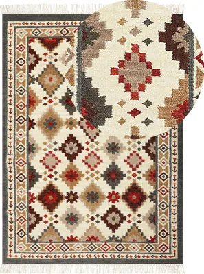 Produktbild von BELIANI Kelim-Teppich Mehrfarbig Wolle 200 x 300 cm mit Fransen Geometrischem Muster Handgewebt Boho Orientteppich für Fußbodenheizung Geeignet