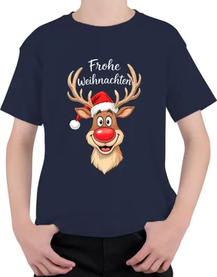 Produktbild von Frohe Weihnachten Rentier Rudolph Rotnase Nikolaus Mütze Lustig Uni Kinder T-Shirt, Navy, 116