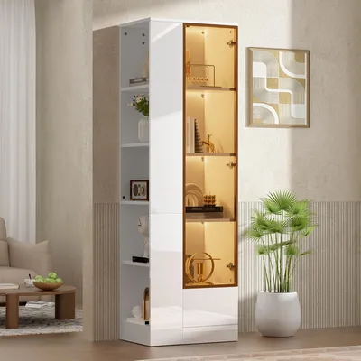 Immagine prodotto di Vetrina con ante in vetro, illuminazione a LED, cassetti, ripiani aperti, ampio spazio di stoccaggio, mobile lucido per soggiorno o sala da pranzo, colore bianco