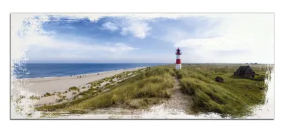 Produktbild von Wallario Kunstdrucke Wandbilder Holz in : Brillante Farben, Größe 50 x 125 cm Motiv Am Strand von Sylt Leuchtturm auf der Düne Panorama