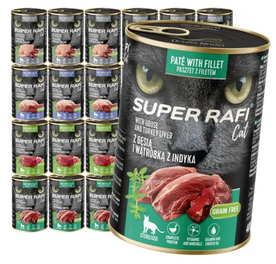 Zdjęcie produktu dla Super Rafi Cat 24x400g Bezzbożowa Mokra Karma Dla Kotów Mix 4 Smaków
