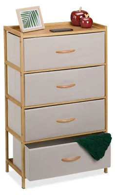 Produktbild von Relaxdays Kommode, Bambus, 4 Stoffschubladen, Flur, Schlafzimmer, HBT 94 x 58 x 32,5 cm, Schubladenschrank, natur/beige