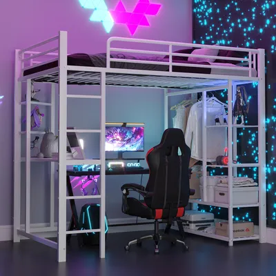 A loft bed with a desk and storage, set up in a bedroom with gaming-themed decor.