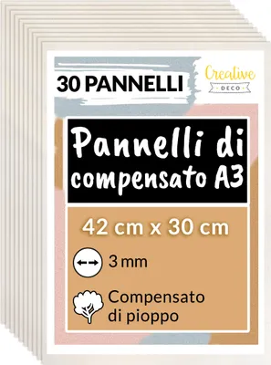 Immagine prodotto di Creative Deco 30 x A3 Pannelli in Legno Compensato | 3mm / 42x30cm | Legno di Pioppo | Perfette per la Decorazione, Pittura, Pirografia | Taglio Laser