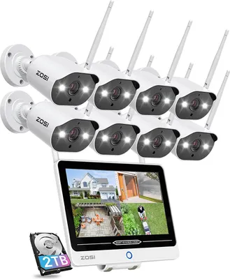 Produktbild von ZOSI 3MP Aussen WLAN Überwachungskamera Set mit Monitor, 8x Outdoor IP Kamera mit Spotlight, Personen- und Fahrzeugerkennung, 2TB Festplatte