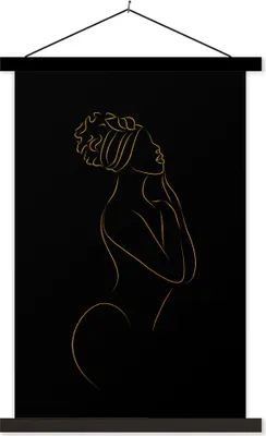 Produktbild von MuchoWow® Textilposter Frau - Gold - Schwarz - Strichzeichnung 120x180 cm mit schwarzem Rahmen - Fotos