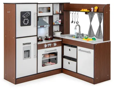 Productafbeelding van Houten kinderkooktoestel met 20 accessoires. Houten keuken, hoekkeuken met tafel, fornuis, spoelbak en oven. Speelkeuken met licht en geluid voor kinderen