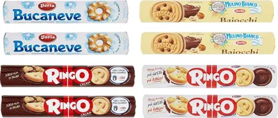 Produktbild von Testpaket Tube Kekse Pavesi Ringo Kakao ( 2 x 165g ) + Pavesi Ringo Vanille ( 2 x 165g ) + Baiocchi mit Haselnuss und Kakaocreme ( 2 x 168g ) + Doria Bucaneve ( 2 x 200g )