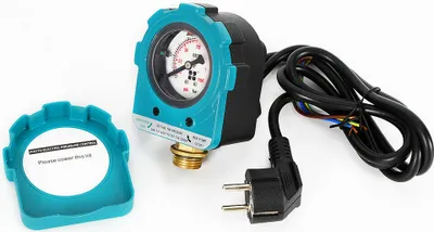 A digital pump control switch with a pressure gauge and power cord is shown against a white background.