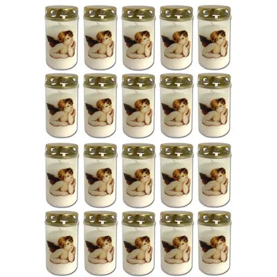 Produktbild von 20er Grablicht Set Weiss mit Deckel | Grabkerzen mit Engel Motiv | Friedhofskerzen Grablichtkerze | Trauerlicht Gedenkkerze | Grabdekoration Grabdeko
