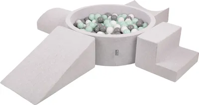 Obrázok produktu pre KiddyMoon Mäkké penové ihrisko pre deti s guľatým loptičkovým ihriskom (200 ∅ 7 cm) s mäkkými prekážkami a loptičkovým bazénom,  vyrobené v EÚ, Svetlo sivá:Biela/Grey/Mäta: , Verzia 5