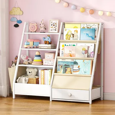 Immagine prodotto di Libreria a forma di casetta per bambini, bianca, dimensioni 83,5 x 30 x 75 cm, con 4 ripiani e 3 vani