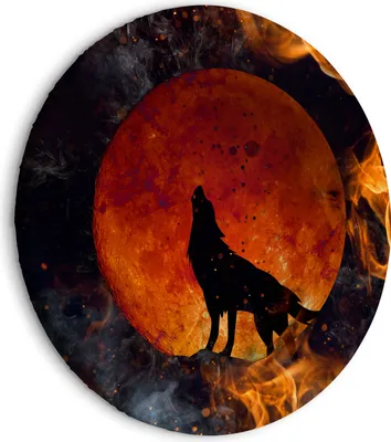 Produktbild von Runde Bilder 80x80 cm Wolf Leinwandbild 1 tlg Kunstdruck modern Wandbilder XXL Wanddekoration Design Wand Bild Abstrakt Tier Feuer Sonne g-C-10005-bc-a